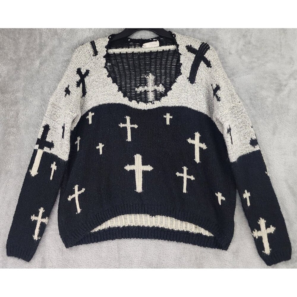 A'reve Sweater Womens S/M Black Gray Cross Print Long Sleeve Goth Retro Top